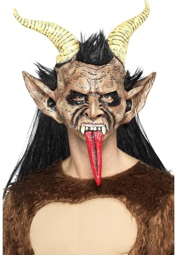 Smiffys Krampus Weihnachtsdämon Maske, Braun, Latex, Kopfabdeckung, mit Fell & Hörnern Halloween