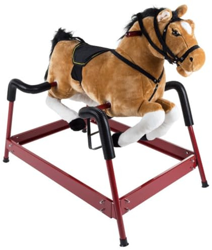 Spring Rocking Horse - Plush Bouncy Ride-On Toy with Fun Sounds, Wood Handles, and Adjustable Stirrups for Kids Ages 3 to 6 by Happy Trails (Brown)