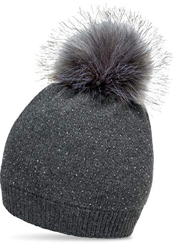 Caspar MU191 Damen Fein Strick Winter Mütze mit Fellbommel und dezentem Glitzer Strass