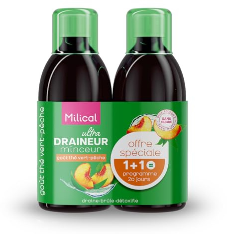 Draineur Ultra | Lot de 2 Flacons de 500 ml | Affine la Silhouette | Laboratoire Milical (Thé Vert - Pêche)
