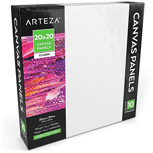 Arteza Malkarton, 20x20cm Großpackung mit 10 Leinwänden, weiße grundierte 100% Baumwolle, für Malerei, Acrylgießen, Ölfarben & nasse Kunstmedien, Malpappe für Profis & Hobbymaler