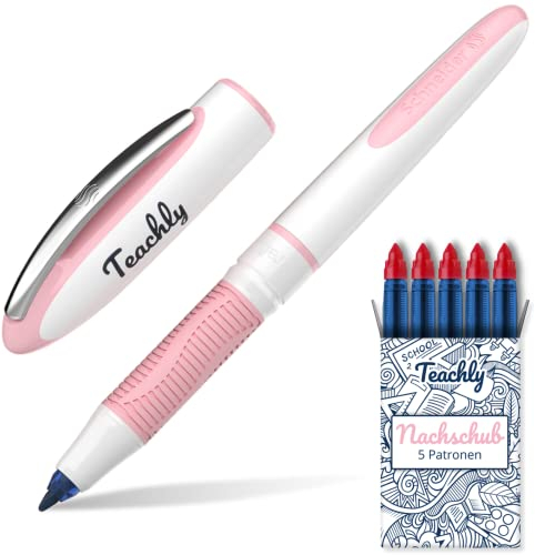 Teachly Superteacher Tintenroller - Nachfüllbarer Lehrerstift für Schule & Uni (Rosé) - Inkl. 7 Tintenpatronen (Rot)