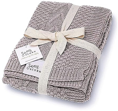 Sweet Acorn Strick-Babydecke mit Zopfmuster, Bio-Baumwolle, Decken für Kinderbett oder Kinderwagen, Empfangsdecken - Nebelgrau