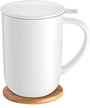 CEEFU Tasse à thé en porcelaine avec infuseur et couvercle, avec filtre et sous-verre, tasse à thé en vrac, 473,6 g pour thé/café/lait/femme/bureau/maison/cadeau (blanc)