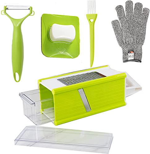GutView 4 Stück Mandoline Gemüseschneider, Kartoffelreibe,Zwiebelschneider, Gemüseschneider Manuell,Sparschäler für Gurken, Karotten, Schnittfeste Handschuhe