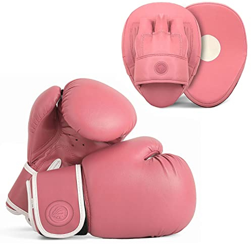 Lions Boys Boxing Gloves and Pads 6oz - Set of Sparring Punching Mma Focus Hook & Jab Training Mitts (PINK, 6OZ)