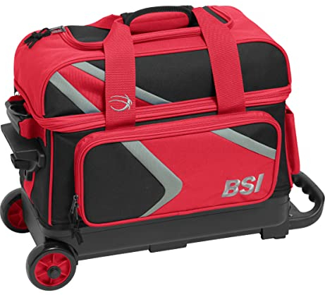 BSI Dash Bowlingtasche mit Doppelrollen und leichtgängigen Rollen, gepolstertem Ballfach, einziehbarem Verriegelungsgriff und Schuhtasche, Schwarz/Rot/Grau