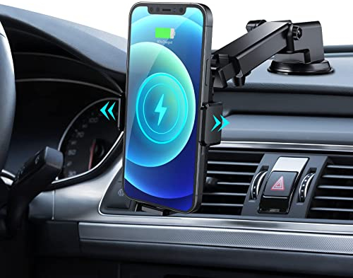Qi 10W Caricatore Wireless Auto, Auto-Bloccaggio Supporto Telefono Car Smartphone, Ricarica Caricatore Magsafe Auto Braccio Retrattile e cuscinetto in gel adesivo per iPhone/Samsung/Xiaomi/Huawei