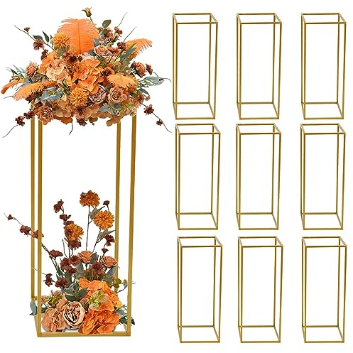 10Pcs 23.6inch High Gold Flower Stand Metal Vase Column Geometric Centerpiece Stands, Wedding Centerpieces Gold Vases Rectangular Flower Display Rack for Wedding Party Event Decoration