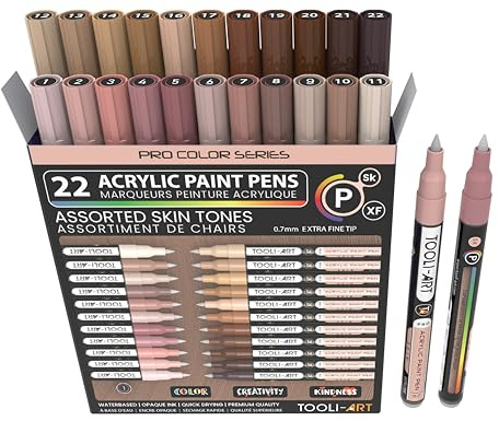 TOOLI-ART Lot de 22 marqueurs de peinture acrylique Skin Pro Color Series - Pointe extra fine de 0,7 mm - Pour peinture sur roche, verre, tasses, bois, métal, toile, bricolage - Non toxique - À base