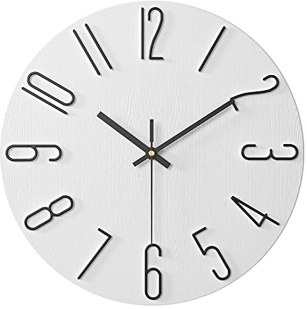 ALEENFOON 30cm Rund Modern Leise Wanduhren Ohne Tickgeräusche Innenuhr Nicht Tickende Rahmenlose 3D Nummer Wanduhren Dünne Hängende Uhr für Wohnzimmer Küche Büro Schlafzimmer (Weiß -1)