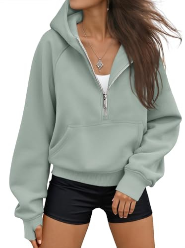 AUTOMET Felpe con Cappuccio da Donna Felpe con Mezza Zip Giacche in Pile Top Pullover Oversize Abiti Autunnali 2025 Vestiti di Moda Invernali, Grigio-Verde., Medium