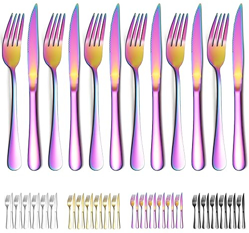 Evanda Regenbogen Steakbesteck 12 teilig, Regenbogen Titanbeschichtung Edelstahl 6 Tafelgabeln und 6 Tafelmesser Set, Steakmesser Steakgabeln, spülmaschinenfest