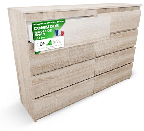 CDF Kommode Eiche Sonoma mit 8 Schubladen 40 cm Tief Komodenschrank Komode | für Wohnzimmer Schlafzimmer Schubladenschrank Malm Kommode viel Stauraum Geeignet Organizer Kleidung 138cm Breite Modern Look