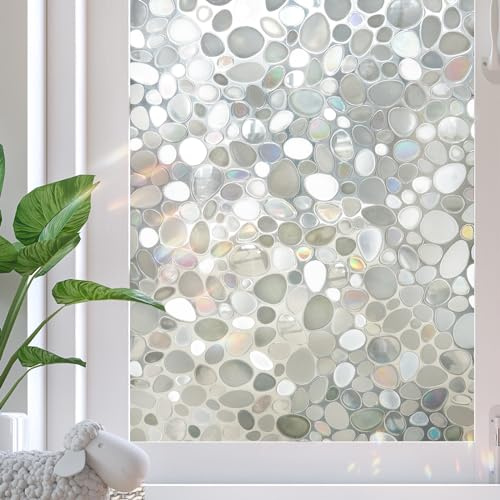 SUNDEF FILM Window Privacy Film, Stained Glass Films, 3D Pebble Rainbow Windows Cling Decorative Window Decals, Sun Blocking Stickers Static Cling Door Windows Covering (17.5 x 78.7)