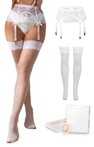 ohmydear Eyelash Lace Stockings and Suspenders Set Plus Size Garter Belt for Thigh High Stockings 4 Adjustable Straps Sexy Lingerie for Women Sets White Suspender Belts UK 12-14