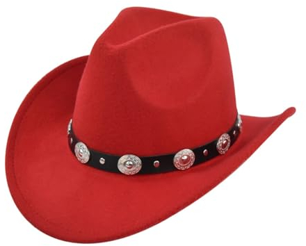 HIQIU Vintage Classisch Cowboyhut Damen Herren,Westernhut Filzhut breite Krempe Gürtelschnalle Dekor Panama Fedora Hut (Rot)