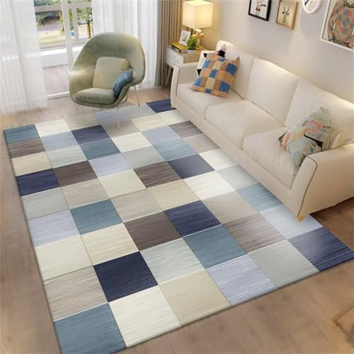 Xiaosua Teppich Mädchen Blau Einfaches Schlafzimmer Mit Kleinem Gitter Und Geometrischem Muster Gegen Milben Teppich Anti Rutsch 120X200CM Orient Teppich 3Ft 11.2''X6Ft 6.7''