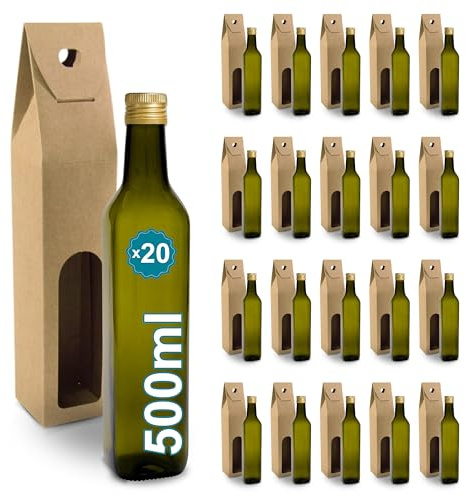 Espirito Rebelde 20 Botellas de Cristal Oscuro 500ml con Tapón de Rosca Dorado + 20 Cajas - Aceite de Oliva, Vinagre, Alcohol, Salsas - Aceitera de Cristal