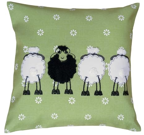 heimtexland Cojín decorativo con diseño de oveja, color negro, con apliques, aspecto de lino, bordado, decoración rústica, flores naturales, 40 x 40 cm, color verde
