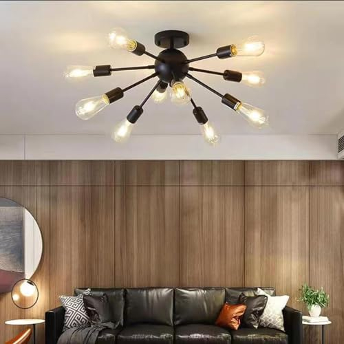 Mengjay Kronleuchter Vintage, Modern Deckenlampe Wohnzimmer, E27 Fassung Wohnzimmerlampe Industrial Kronleuchter Deckenleuchte Lampe für Schlafzimmer Küche Esszimmer Flur (Schwarz, 10xFlammige)