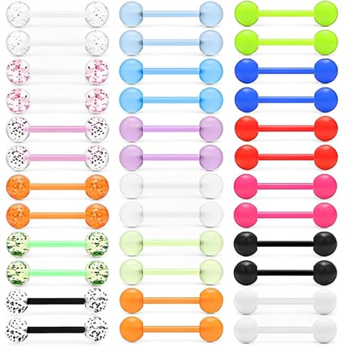 Wodehahagou 36 PCS Tongue Bars - Flexible Piercing Jewellery in Clear & Colorful Tongue Rings