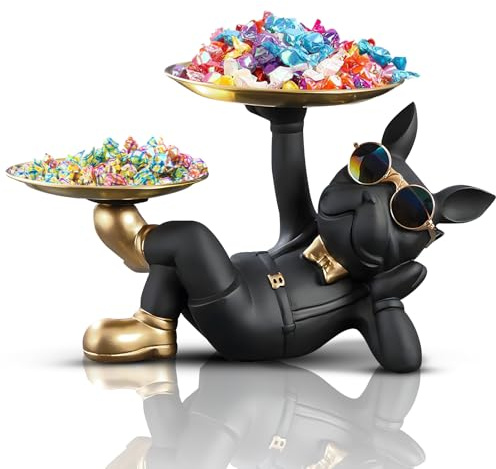 Französische Bulldogge Tablett Deko, Schlüssel Schale, Hund Skulptur, Statue Mit Tablett, Geschenk für Wohnzimmer, Eingangsbereich, Büro, Flur, Home Dekoration (Schwarz)