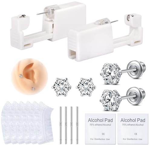 AVYRING 2 Stück Ohrloch Stecher Set und Zubehör Surgical Steel Einweg-Ohrlochpistole für Damen & Herren, Schmerzarme Piercing Pistole, Selbst-Piercing Set Ohrstecker, Silber Gold