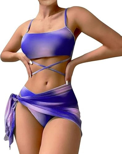 BSLVWG Set bikini da donna in 3 pezzi con gonna, top bikini con laccetti, slip bikini triangolo sexy, costume da bagno da spiaggia, abbigliamento da bagno, costumi da bagno, Lilla, L plus