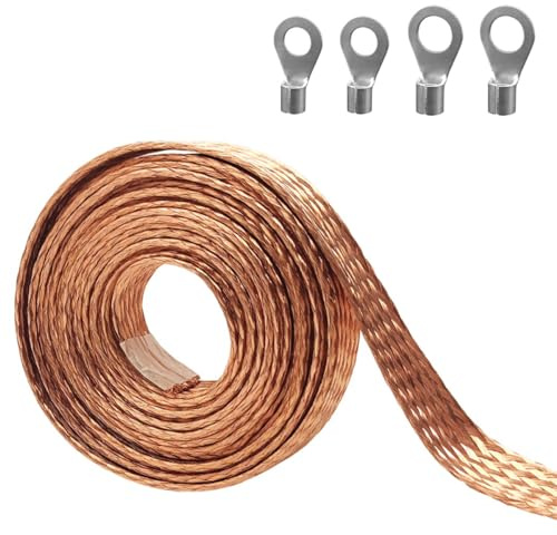 9.8ft 5/16 inch Flat Copper Braided Ground Strap Wire Sleeve Expandable Shielding Wire Mesh with Rings Terminal for Ground Protection Cable