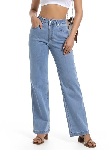 Guaile Jean pour Femme, Taille Haute, Jambe Droite, Extensible, Tendance, Jambe Large, contrôle du Ventre, Ample, décontracté, Denim