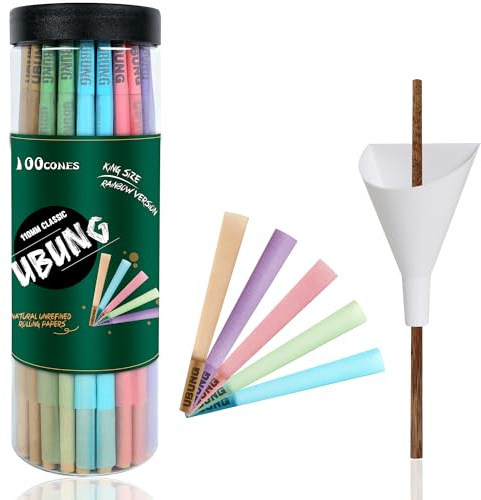 UBUNG Rainbow Cones | 100 King Size Konisch vorgedrehte Hülsen ​(5 Farben) Einschließlich 1 Trichterlader und 1 Putter für Verpackunge