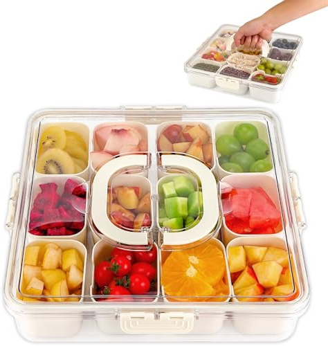 Bandeja Aperitivos con Tapa, Caja de aperitivos con 12 compartimentos, caja de snacks con Asa, cuenco para aperitivos con tapa para Frutas Caramelos Frutos Secos Verduras Galletas Especias