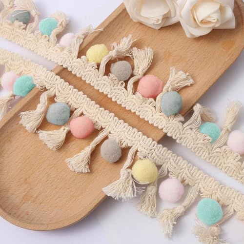 Duories 1 Yards Bunt Pomponborte zum Basteln,Dekoband Mit Pom Poms Bommelborte Dekoband Bommelband,Pomponband Fransenborte Fransenbordüre Fransenband Zierband Dekoborte Pompons Borte zum Nähen,Bunt