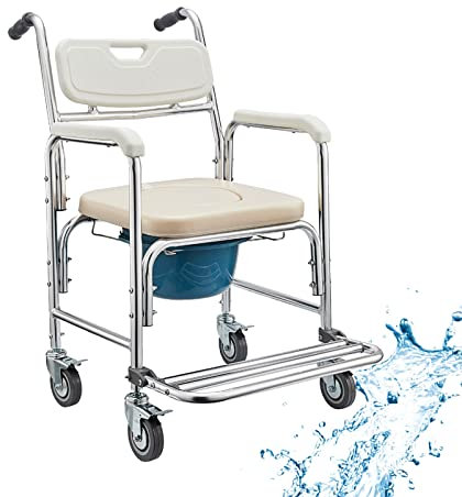 WOTZOV Dusch-/Toilettenrollstuhl, Toilettenstuhl mit Mobilitätsunterstützung und 4 feststellbaren, geräuscharmen Rädern, abnehmbarem Eimer, hochklappbarer Fußstütze und Armlehne