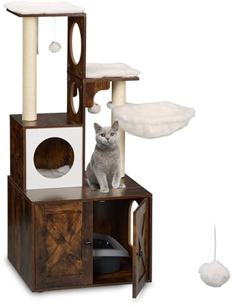 Relaxdays Mueble para Gatos con Rascador y Armario para Arenero, 128x95x52 cm, Torre con Poste de Sisal, Marrón y Blanco