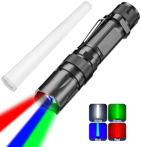 MVIOCS Lampe de poche 4 couleurs en 1, zoomable, 3 modes d'éclairage, lampe de poche rouge, rouge, bleu, blanc, multicolore, étanche, avec clip, pour la pêche, l'astronomie, le camping, la randonnée