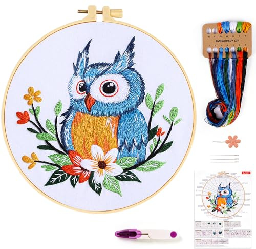 Stickerei-Starter-Set, Eulen-Blumen-Stickset für Erwachsene und Anfänger, Kreuzstich-Sets mit Stickstoffreifen, Nadeln, Anleitung und Einfädler