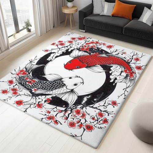 Stile Giapponese Carpa Fiori Di Ciliegio Tappeto Salotto Moderno Flanella Stampa 3D Tappeti Camera Da Letto Rug Cucina Antiscivolo Lavabile Per Tavolino Da Salotto,Bagno,Tappeto Cameretta 160 x 230 cm
