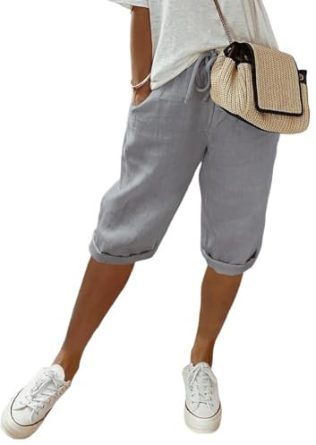 shownicer Damen Knielang Sommerhose Leicht Hohe Taille Leinenhose Sommer Luftig Locker Caprihose Stoffhose mit Tunnelzug und Taschen A Hellgrau L