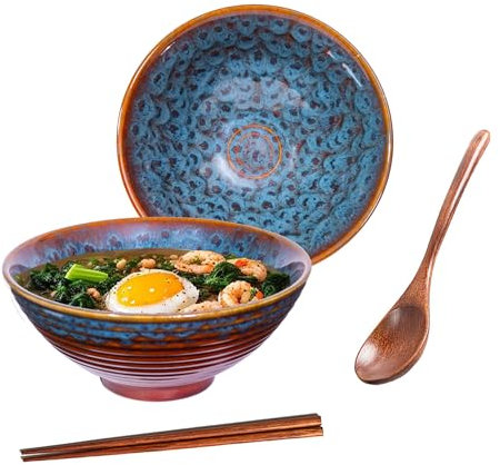 Ceraozmus Ramen Bowl Ceramic - 1200ml - 20 cm - with Spoon and Chopsticks for Ramen Soup Pho Udon Asian Noodles, Large Noodle Bowls (Cat's Eye Glaze)