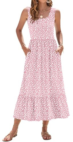 WNEEDU Robe Longue d'été pour Femme sans Manches à Taille Empire Robes de Plage à col en U aérée avec Poches Tache Rose M