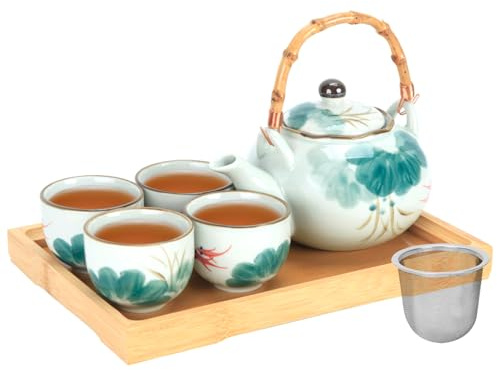 Japanisches Teeservice Porzellan Tee-Set mit Teekanne und Teetasse Set für 4, Grün-Weiß-Teesets für Erwachsene mit Edelstahl-Teesieb und Bambus-Tablett, Asiatisches Teeset für Teeliebhaber/Frauen