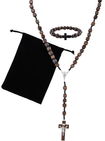 Eigso Religiöse Rosenkranz Halskette für Männer Vintage Kruzifix Christliches Kreuz Schmuck für Mann Frau