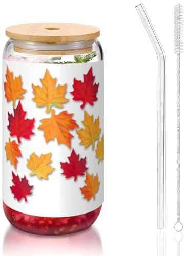 MDATT Vasos con estampado de hojas de otoño de 16 onzas con tapas y popotes, bonitos vasos de agua para jugo, cerveza, café, té