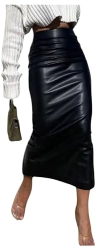 GORGLITTER Women's PU Leather High Waisted Pencil Skirts Ruched Bodycon Midi Rave Club Skirt Black Medium