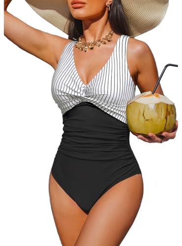 Holipick Black Striped Women Tummy Control One Piece Swimsuit - Push Up Bathing Suit Full Coverage Slimming Swimwear L