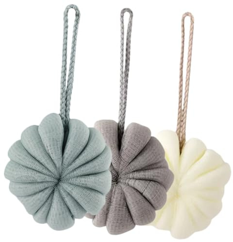 OUNONA 3 pezzi Palline da Doccia Esfolianti in Spugna Morbida Pulizia Corpo Schiuma Ricca Materiale Sicuro e Durevole per Bagno e Regalo Relax