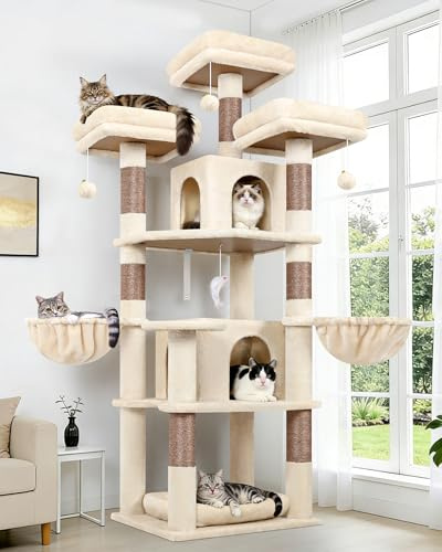 Globlazer klösträd, stor stabil passform, hörnhöjd 172 cm med 3 vadderade sittstänger, 2 katthus, 2 korgar, hundsäng, kattträd för katter stor vila, lek (F68B, beige)