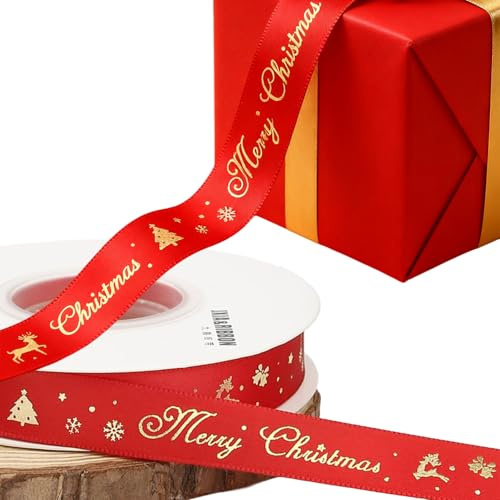 KIMHOME Nastro natalizio da 22 m, con scritta Merry Christmas in grosgrain con sfondo rosso, fiocchi di neve e vacanze, per confezioni regalo di Natale, albero di Natale